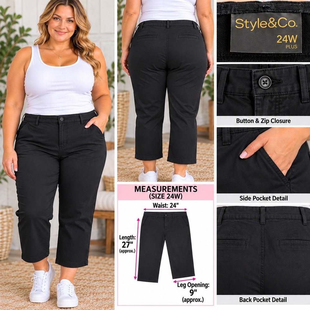 Style & Co Womens Plus 24W Black Cropped Pants Stretch Cotton Capri Trousers New